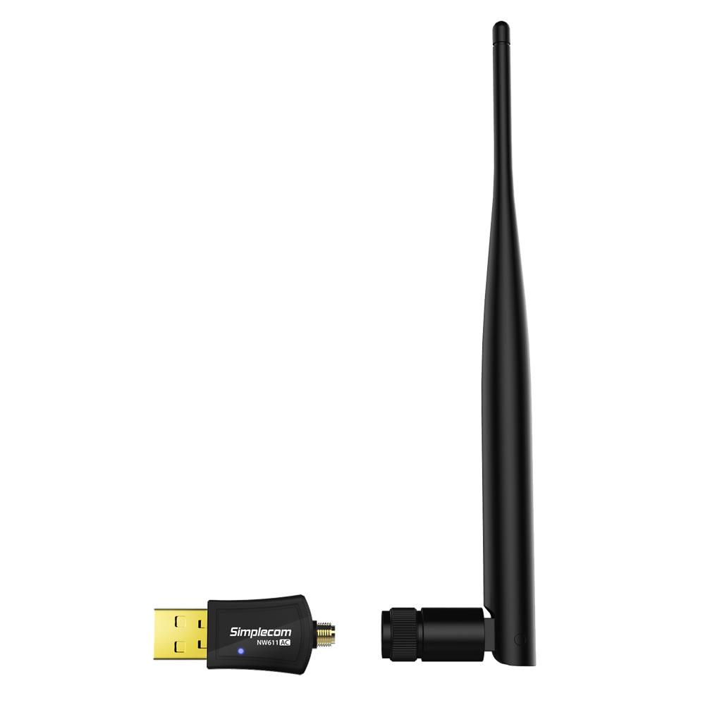 Simplecom NW611 AC600 WiFi Dual Band USB Adapter with 5dBi high gain antenna, designed for fast and reliable internet connectivity.